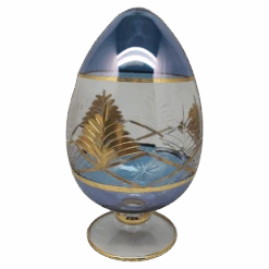 Blue Glass Etched Egg With Gold Accents