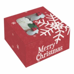 Bakery Box - 4 Cup Cakes Or Cookies - Red With Snowflakes