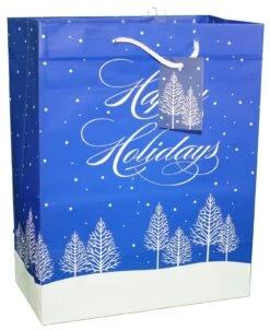 Traditional Lettering Gift Bag - Happy Holidays Blue Large