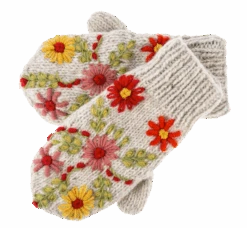 Knit Embroidered Floral Mittens - Cream