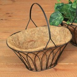 Oval Black Metal Wire Handle Basket With Coco Mat Liner - 15-Inch Long